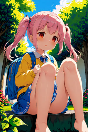 loli, lewd face, pink hair, red_eyes, twintails, down_view, green garden, blue skirt, white shirt, yellow sweater, blue backpack, sitting, legs