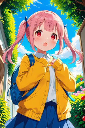 loli, surprise face, pink hair, red_eyes, twintails, down_view, green garden, blue skirt, white shirt, yellow sweater, blue backpack