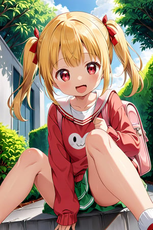 loli, happy face, yellow hair, red_eyes, twintails, down_view, gray garden, green skirt, white shirt, red sweater, pink backpack, sitting, legs_spread, sticking_out_tongue