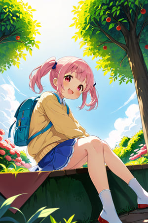 loli, happy face, pink hair, red_eyes, twintails, down_view, green garden, blue skirt, white shirt, yellow sweater, blue backpack, sitting, legs