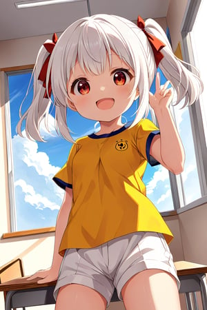 loli , happy face, white hair, red_eyes, twintails, down_view, classroom, yellow shirt, white shorts, 