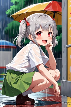 loli , happy face, twintails, gray hair, red_eyes, side_view, rain park, white shirt, green skirt, squatting, sticking_out_tongue, 