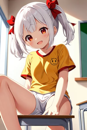 loli , happy face, white hair, red_eyes, twintails, down_view, classroom, yellow shirt, white shorts, sitting