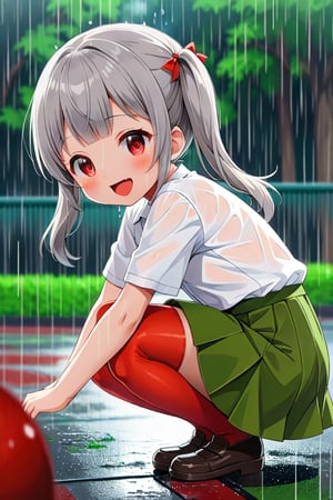 loli , happy face, twintails, gray hair, red_eyes, side_view, rain park, white shirt, green skirt, squatting, sticking_out_tongue, 