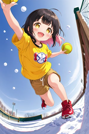 loli, happy face, black hair, yellow_eyes, down_view, snow baseball, pink hair, yellow shirt, brown yellow shorts, throwing balls