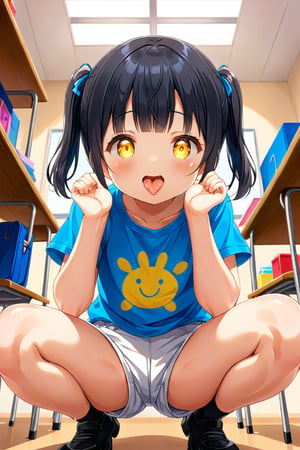 loli , happy face, black hair, yellow_eyes, twintails, down_view, classroom, blue shirt, white shorts, squatting, legs_spread, sticking_out_tongue