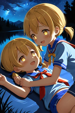 2_girls. loli hypnotized, happy_face, yellow_hair, brown hair, side_view, twin_tails, yellow_eyes, night lake, scout, blue shirt, blue short pants, lying, hugging