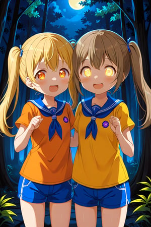 2_girls. loli hypnotized, happy_face, yellow_hair, brown hair, front_view, twin_tails, yellow_eyes, night forest, scout, orange shirt, blue short pants, 