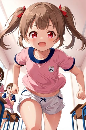 loli , happy face, brown hair, red_eyes, twintails, down_view, classroom, pink shirt, white shorts, running