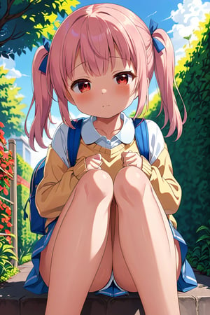 loli, lewd face, pink hair, red_eyes, twintails, down_view, green garden, blue skirt, white shirt, yellow sweater, blue backpack, sitting, legs