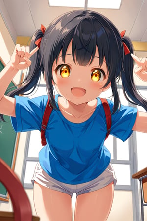 loli , happy face, black hair, yellow_eyes, twintails, down_view, classroom, blue shirt, white shorts, 