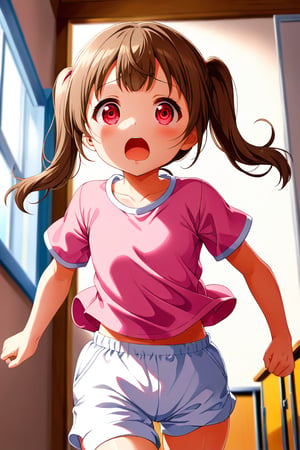 loli , surprise face, brown hair, red_eyes, twintails, down_view, classroom, pink shirt, white shorts, running