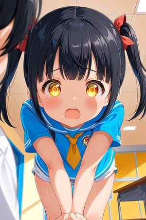 loli , surprise face, black hair, yellow_eyes, twintails, down_view, classroom, blue shirt, white shorts, 