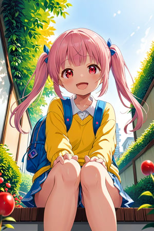 loli, happy face, pink hair, red_eyes, twintails, down_view, green garden, blue skirt, white shirt, yellow sweater, blue backpack, sitting, legs_spread, sticking_out_tongue, arms_raised, 