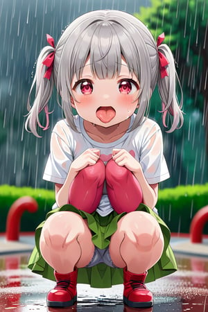 loli , happy face, twintails, gray hair, red_eyes, front_view, rain park, white shirt, green skirt, squatting, sticking_out_tongue, leg_spread, pink panites