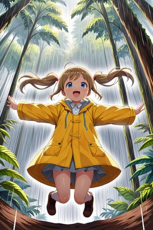 loli , happy face, twintails, yellow brown hair, blue_eyes, down_view, rain forest, white shirt, gray skirt, yellow raincoat, sticking_out_tongue, jumping