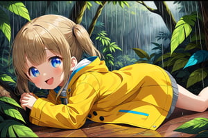 loli , happy face, twintails, yellow brown hair, blue_eyes, side_view, rain forest, white shirt, gray skirt, yellow raincoat, sticking_out_tongue, lying down