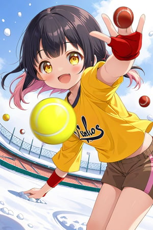 loli, happy face, black hair, yellow_eyes, front_view, snow baseball, pink hair, yellow shirt, brown yellow shorts, throwing balls