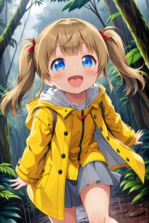 loli , happy face, twintails, yellow brown hair, blue_eyes, down_view, rain forest, white shirt, gray skirt, yellow raincoat, sticking_out_tongue