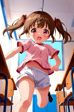 loli , surprise face, brown hair, red_eyes, twintails, down_view, classroom, pink shirt, white shorts, running