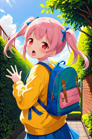 loli, lewd face, pink hair, red_eyes, twintails, down_view, green garden, blue skirt, white shirt, yellow sweater, blue backpack, quatting, sticking_out_tongue, arms_raised, 