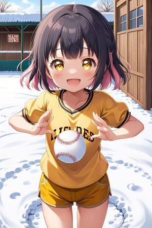 loli, happy face, black hair, yellow_eyes, front_view, snow baseball, pink hair, yellow shirt, brown yellow shorts, 