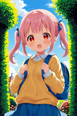 loli, surprise face, pink hair, red_eyes, twintails, down_view, green garden, blue skirt, white shirt, yellow sweater, blue backpack