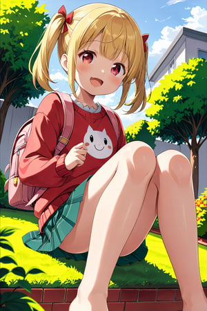 loli, happy face, yellow hair, red_eyes, twintails, down_view, gray garden, green skirt, white shirt, red sweater, pink backpack, sitting, legs_spread, sticking_out_tongue