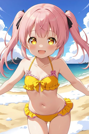 loli, happy face,  yelloe pink hair, twin_tails, yellow_eyes, front_view, snow beach, yellow bikini