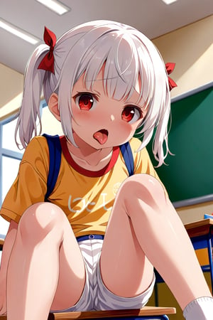 loli , lewd face, white hair, red_eyes, twintails, down_view, classroom, yellow shirt, white shorts, sitting, sticking_out_tongue