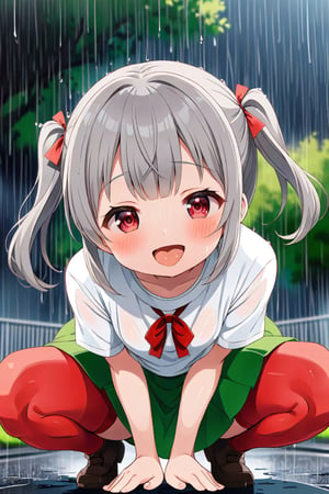 loli , happy face, twintails, gray hair, red_eyes, down_view, rain park, white shirt, green skirt, squatting, sticking_out_tongue, 