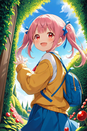 loli, happy face, pink hair, red_eyes, twintails, down_view, green garden, blue skirt, white shirt, yellow sweater, blue backpack