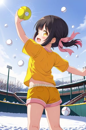 loli, happy face, black hair, yellow_eyes, back_view, snow baseball, pink hair, yellow shirt, brown yellow shorts, throwing balls