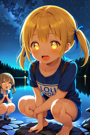 2_girls. loli hypnotized, happy_face, yellow_hair, brown hair, front_view, twin_tails, yellow_eyes, night lake, scout, blue shirt, blue short pants, squatting, sticking_out_tongue