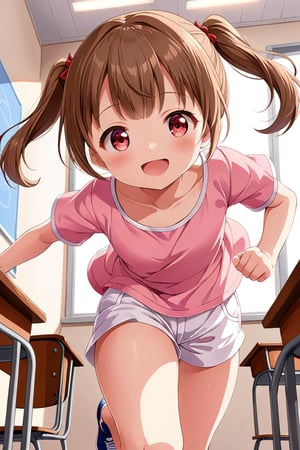 loli , happy face, brown hair, red_eyes, twintails, down_view, classroom, pink shirt, white shorts, running