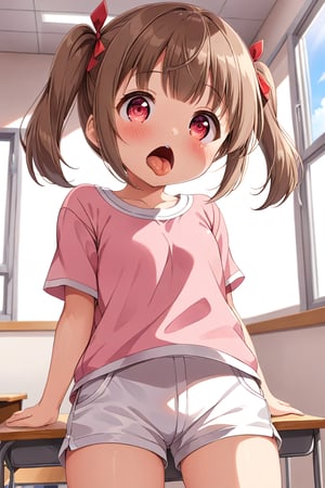 loli , surprise face, brown hair, red_eyes, twintails, down_view, classroom, pink shirt, white shorts, sticking_out_tongue