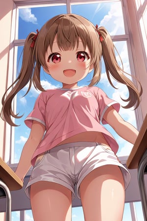 loli , happy face, brown hair, red_eyes, twintails, down_view, classroom, pink shirt, white shorts, 