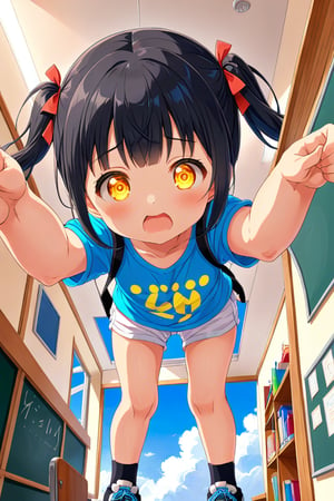 loli , surprise face, black hair, yellow_eyes, twintails, down_view, classroom, blue shirt, white shorts, climbing