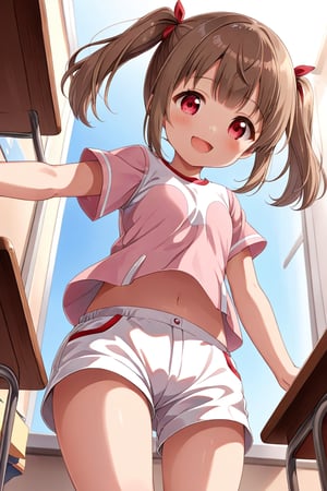 loli , happy face, brown hair, red_eyes, twintails, down_view, classroom, pink shirt, white shorts, 