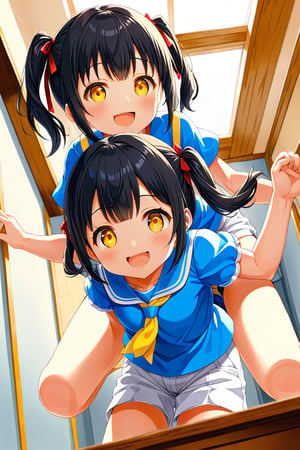 loli , happy face, black hair, yellow_eyes, twintails, down_view, classroom, blue shirt, white shorts, climbing