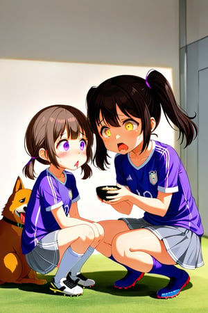 2_girls. loli hypnotized, sad_face, black_hair, brown hair, side_view, twin_tails, yellow_eyes, soccer, purple shirt, gray skirt, sticking_out_tongue, squatting, eating from a dog bowl