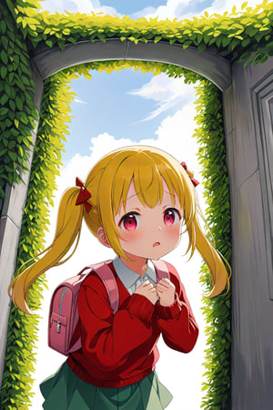 loli, lewd face, yellow hair, red_eyes, twintails, down_view, gray garden, green skirt, white shirt, red sweater, pink backpack, dog_pose