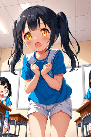 loli , surprise face, black hair, yellow_eyes, twintails, down_view, classroom, blue shirt, white shorts, 