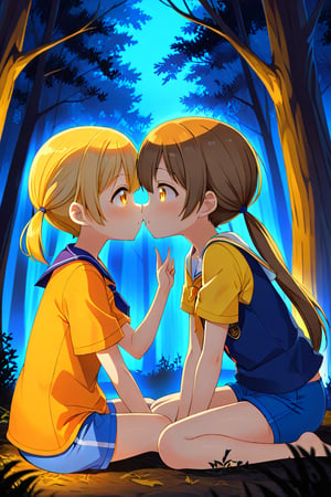2_girls. loli hypnotized, happy_face, yellow_hair, brown hair, side_view, twin_tails, yellow_eyes, night forest, scout, orange shirt, blue short pants, sitting, kissing