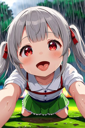 loli , happy face, twintails, gray hair, red_eyes,up_view, rain park, white shirt, green skirt, lying, sticking_out_tongue, 