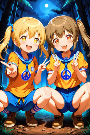 2_girls. loli hypnotized, happy_face, yellow_hair, brown hair, front_view, twin_tails, yellow_eyes, night forest, scout, orange shirt, blue short pants, squating, peace fingers, tongue