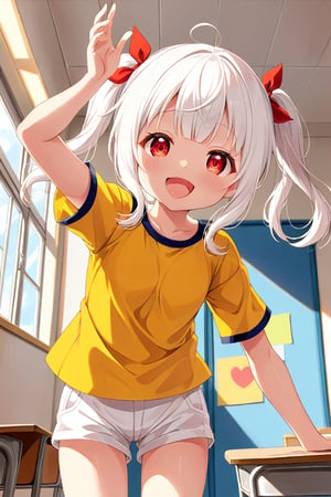 loli , happy face, white hair, red_eyes, twintails, down_view, classroom, yellow shirt, white shorts, sticking_out_tongue, hands_raised