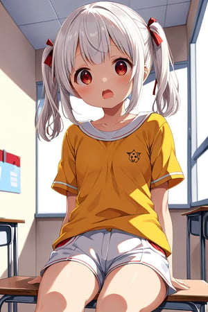 loli , surprise face, white hair, red_eyes, twintails, down_view, classroom, yellow shirt, white shorts, sitting