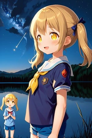 2_girls. loli hypnotized, happy_face, yellow_hair, brown hair, side_view, twin_tails, yellow_eyes, night lake, scout, blue shirt, blue short pants, 