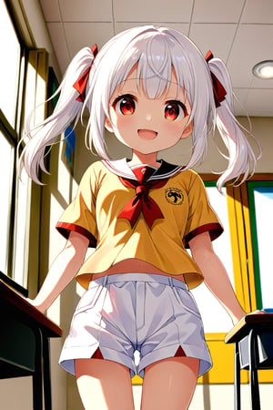 loli , happy face, white hair, red_eyes, twintails, down_view, classroom, yellow shirt, white shorts, 